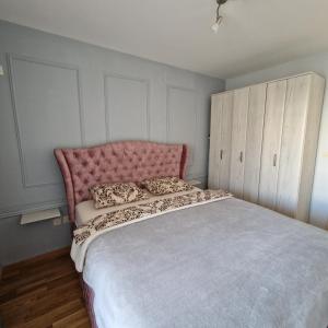 波德戈里察Stefanija的一间卧室配有一张带粉红色床头板的大床