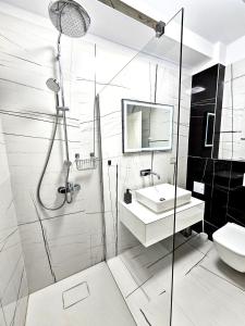 布加勒斯特Luxury Apartment的带淋浴、盥洗盆和卫生间的浴室