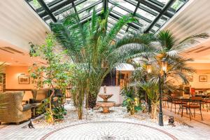 巴黎布玛尔查别墅酒店的一个带棕榈树和桌椅的温室