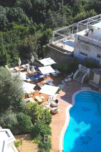 卡普里拉佛洛里迪安娜酒店的享有带椅子和遮阳伞的游泳池的上方景色