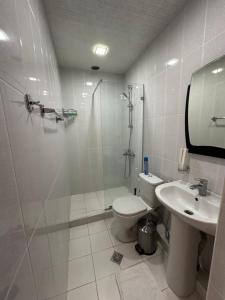 埃里温SS Hotel的带淋浴、卫生间和盥洗盆的浴室