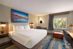 哥伦比亚La Quinta Inn by Wyndham Columbia NE Fort Jackson的配有一张床、一张书桌和一扇窗户的酒店客房