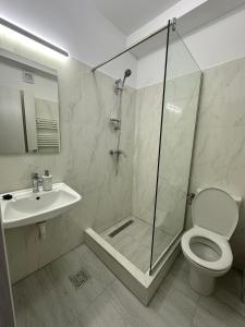加拉茨Perdemi的带淋浴、卫生间和盥洗盆的浴室