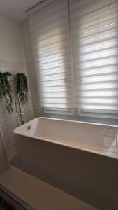 佩皮尼昂Appartement 120 m² Standing Hyper Centre Climatisé的带窗户的浴室内的白色浴缸