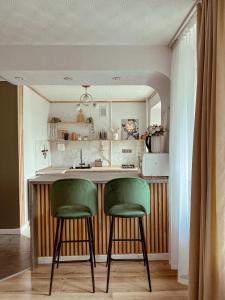 阿斯塔纳Уютная студия в скандинавском стиле в центре的厨房配有2把绿色椅子和柜台