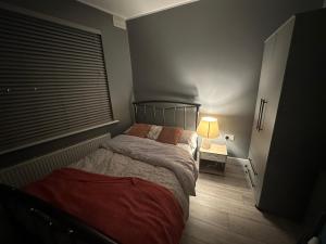 滨海绍森德Herbies Stay的一间卧室配有床、灯和窗户