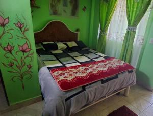 乌尤尼Hostal Golden Quinua的一间位于绿色客房内的卧室,配有一张床