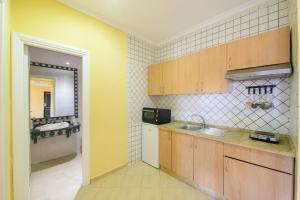 马拉喀什莫加多尔门扎公寓酒店的厨房配有木制橱柜、水槽和镜子