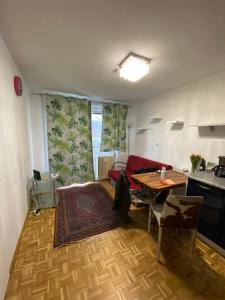 格蒙登Wohnung in Bahnhofsnähe mit Balkon - 35 m2的一个带桌子的小客厅和一间厨房