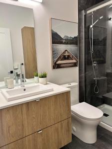 蒙特朗布朗Verbier New Luxurious Condo 2bdrm spa-pool-sauna的一间带水槽、卫生间和淋浴的浴室