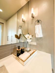 马尼拉Avant Spacious Sanctuary with the best view in BGC的浴室设有花瓶和镜子