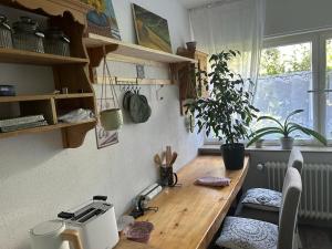 LichtensteinFerienwohnung An der Loipe的厨房配有木桌和窗户。