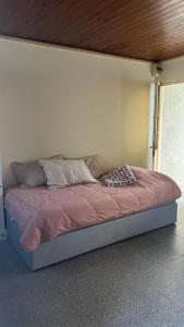 特立尼达岛Casita de Piedra 11的一张带粉红色棉被的床