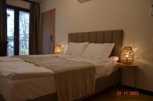 格但斯克Arte Gdańsk的一间卧室配有一张大床和两盏灯