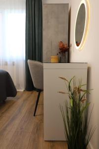 武科瓦尔Apartman Nila的配有桌子、椅子和镜子的房间