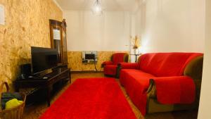 蓬塔德尔加达Alojamento CANTO NA RELVA的客厅配有红色沙发和红色地毯