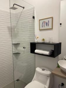 阿劳卡Deko rooms的一间带卫生间和玻璃淋浴间的浴室