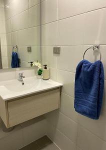 康塞普西翁Departamento Excelente Ubicación的一间带水槽和蓝毛巾的浴室