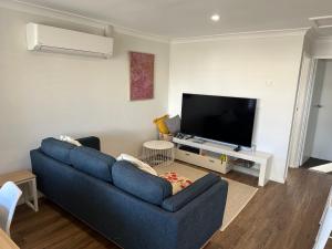 沃加沃加Central Evans Wagga Apartments的客厅配有蓝色的沙发和平面电视。