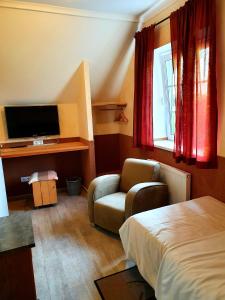帕德博恩阿尔特恩基恩格尔穆勒酒店的酒店客房配有一张床、一把椅子和一台电视。