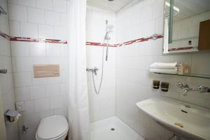 比尔Hotel La Balance self check-in的带淋浴、卫生间和盥洗盆的浴室