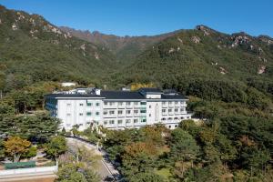 SongjuHotel Gaya的享有酒店空中景色,以山脉为背景