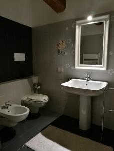 博洛尼亚De' Pepoli Rooms & Apartments的一间带水槽、卫生间和镜子的浴室