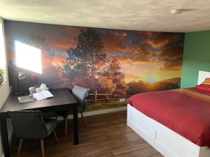 HoogersmildeOnze boerderij的一间卧室配有一张床和一张带绘画的书桌