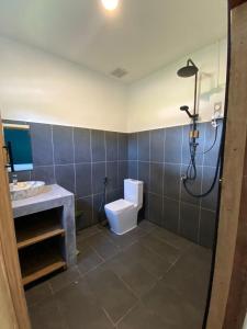 高龙撒冷岛House Bok Bowie的带淋浴、卫生间和盥洗盆的浴室