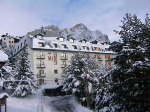 福米加尔Apartamentos Midi 3000的山间酒店,有雪覆盖的树木