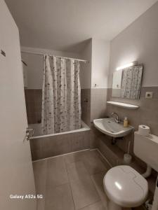 科隆Appartement am Uni Park Köln Sülz的浴室配有卫生间、盥洗盆和淋浴。