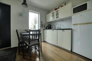 格拉法基尔恰Giljagisting的厨房配有桌椅和冰箱。