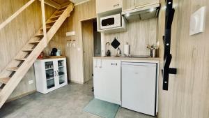 克罗宗Tiny house proche de Morgat的一间带白色冰箱和楼梯的厨房