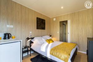 艾克斯莱班La cabane du pecheur的一间卧室配有一张带黄色毯子的大床