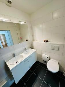 布鲁塞尔Urbanstay Suites Grand Place Luxury Apartment的一间带水槽、卫生间和镜子的浴室