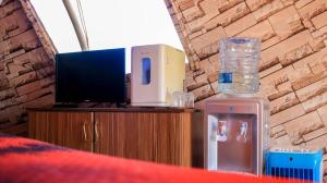 安博塞利Amanya Camp 1-Bed Tent Elephant Suite in Amboseli的一间卧室配有电视和一个带玻璃瓶的梳妆台