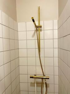 哥本哈根Michael's的白色瓷砖浴室设有软管淋浴