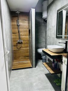 GnjilaneSA Apartment的带淋浴、卫生间和盥洗盆的浴室