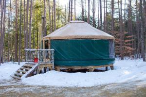 BrownfieldRufus III Yurt on the river的森林雪地中的凉亭