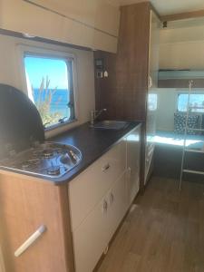 马贝拉Andalusian Lifestyle的一个带水槽的厨房和一个大篷车内的窗户