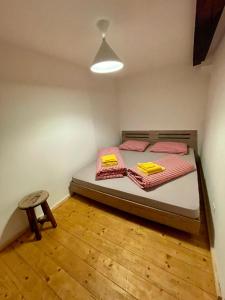 库尔瓦尔登Ferienwohnung Brambrüesch的一间卧室配有一张床,铺有木地板