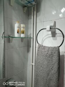 哈尔基斯Xenia's studio的带淋浴的浴室,架子上配有毛巾
