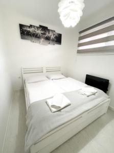 帕莱Apartman Tijana的一间白色卧室,配有两张床和吊灯