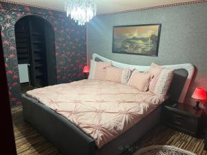 SăcălazCasa verde的一间卧室配有带粉红色枕头的床