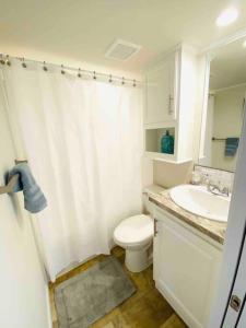 默特尔比奇Vacation Cottages in North Myrtle Beach 66的白色的浴室设有卫生间和水槽。