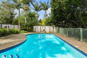 奥克兰Nature Serenity Getaway with pool - deck - gardens的一个带栅栏和树木的蓝色游泳池