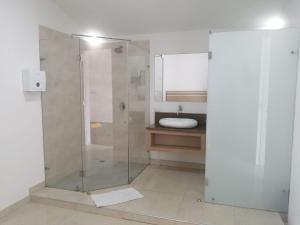 帕尔米拉MOTEL CUPIDO (PALMIRA)的一间带玻璃淋浴和水槽的浴室