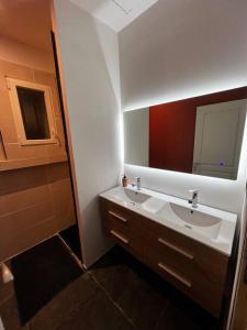 布尔日Maison chaleureuse avec jardin的一间带两个盥洗盆和大镜子的浴室