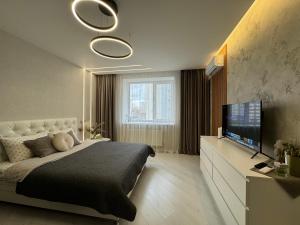 文尼察Квартира на Подолье的一间卧室配有一张大床和一台平面电视