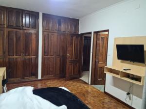 马普托Pastello guest house的一间卧室设有木制橱柜、一台电视和一张床。